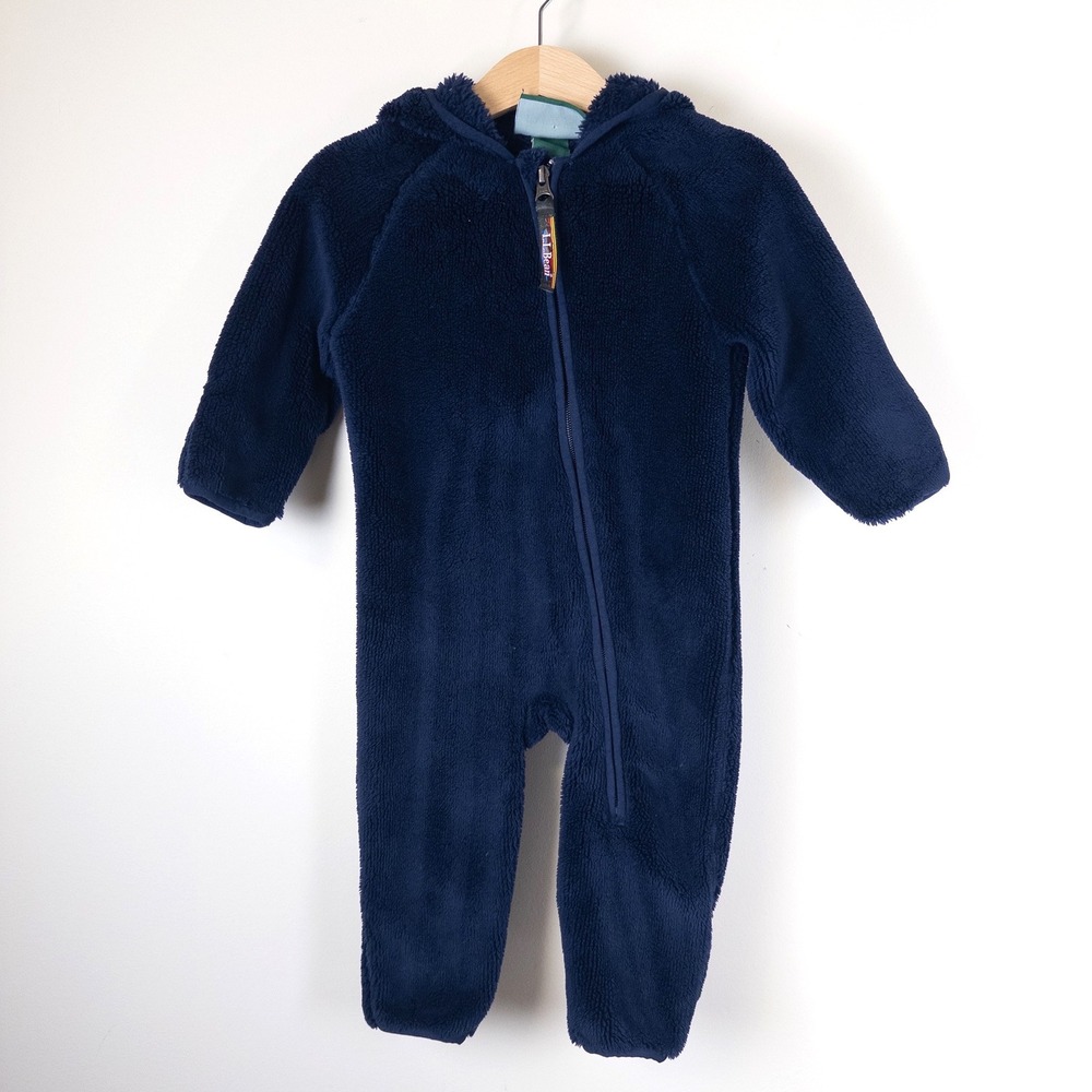 LL Bean Fleece Pram Suit Baby 3-6M Navy Blue Bear Ear Hooded One Piece